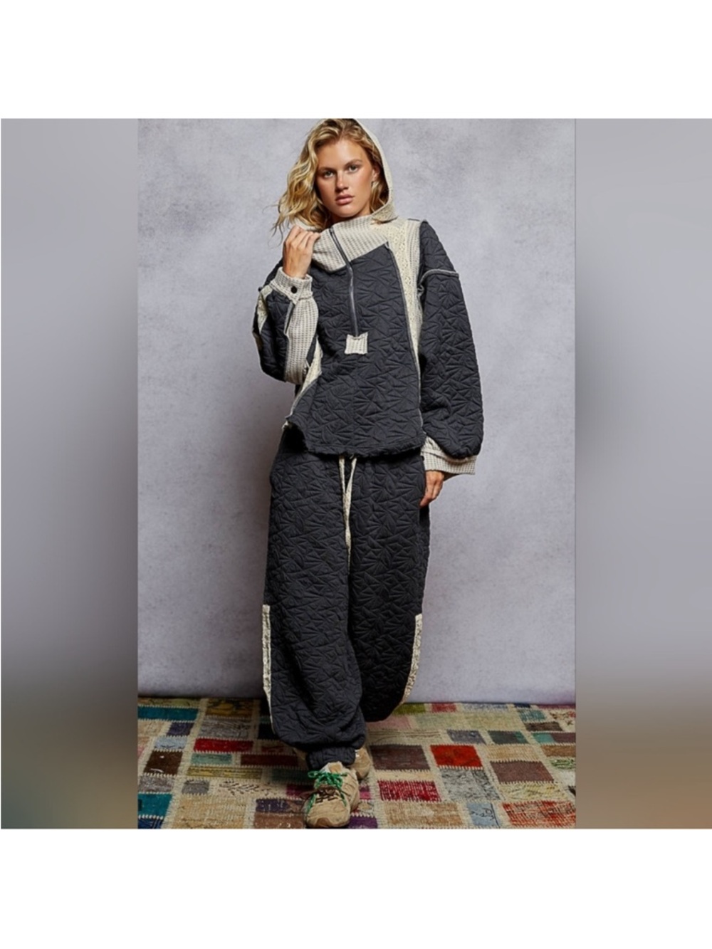 POL Quilted Wide Leg Joggers & Pullover in Charcoal and Beige